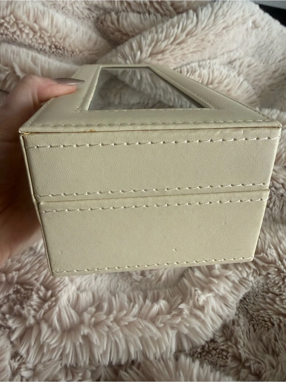 Cream 6-Slot Watch Jewelry Display Box Glass Lid w/ Key
